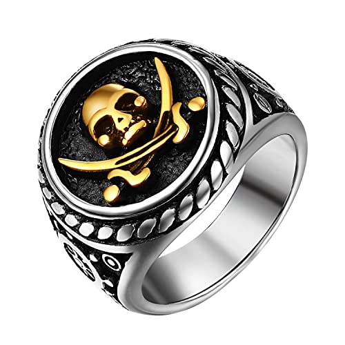 OIDEA Herren Ringe, Retro Pirat Totenkopf Schädel Skull Herrenring, Punk Rock Stil Edelstahl, Gold, Ringgröße 65（20.7） von OIDEA