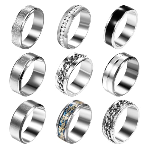 OIDEA Herren Ringe Set mit Zirkonia: 9 Stück Edelstahl Silber Spinner Ring Matt Poliert Vintage Biker Gothic Drache Verlobungsringe Stapelbar Partnerring Eheringe für Männer Junge Größe 57 (18.1) von OIDEA