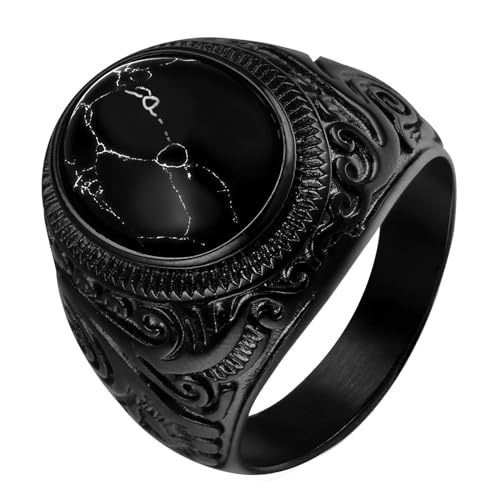 OIDEA Herren Siegelring Schwarz Rund: Biker Ring aus Edelstahl mit Achat Stein Herrenring Punk Rocker Ringe Vintage Edelstahlring Viking Signetring Schmuck Geschenk für Männer Größe 54 von OIDEA