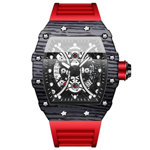 OIDEA Herren Silikon Armbanduhr Tonneau: Rot Armband Herrenuhr Analog Quarz Uhr Kalender mit großem Zahnrad Schwarz Zifferblatt Sport Uhren Geschenk für Männer Freund von OIDEA