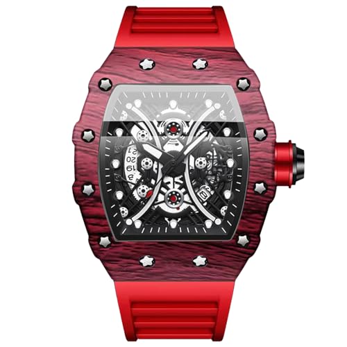 OIDEA Herren Silikon Armbanduhr Tonneau: Rot Armband Herrenuhr Analog Quarz Uhr Kalender mit großem Zahnrad Zifferblatt Sport Uhren Geschenk für Männer Freund von OIDEA