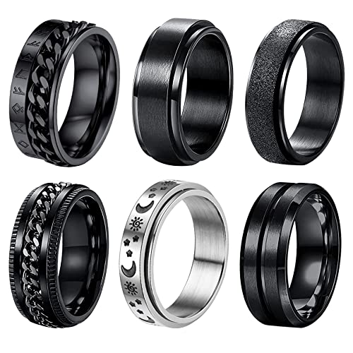OIDEA Herren Spinner Ring Edelstahl: 6 Stück Anti Anxiety Stress Angst Relief Ringe Set Schwarz Silber Spinnringe Hochwertig Modern Geburtstag Geschenk für Männer Junge Freund Größe 62 von OIDEA