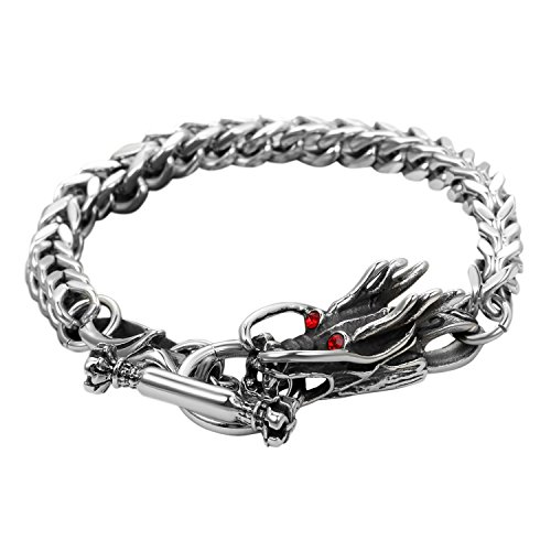 OIDEA Herren Armband Drachen Edelstahl: Vintage Panzerkette Silber Armkette Drachenkopf Handgelenk poliert Punk Rock Biker Retro Armreif mit rotes Strass Schmuck Geschenk für Männer Jungen von OIDEA