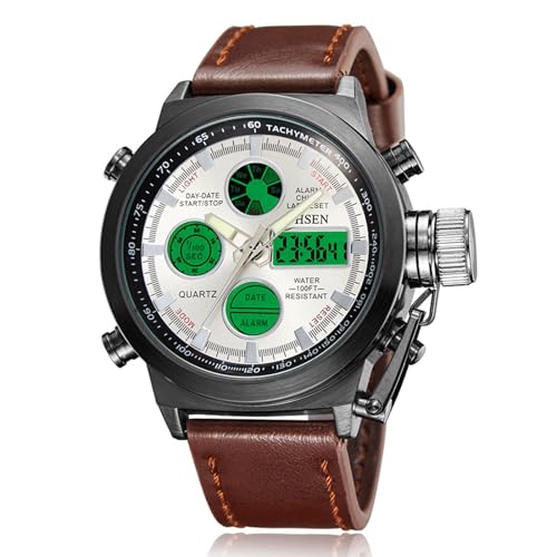 OIDEA Herren Uhren Leder Armbanduhr: Braun echt Leder Armband Analog Quarz Uhr Vintage digital Alarm Stoppuhr Kalender Militär Wasserdicht mit LED Beleuchtung Geschenk für Freund Bruder Vater von OIDEA