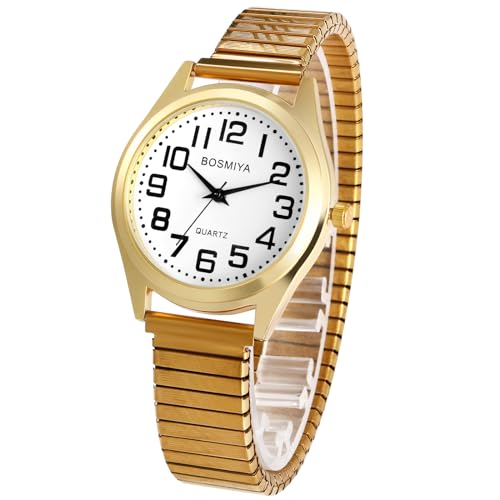 OIDEA Herren Uhren mit elastischem Armband: Gold elegant Armbanduhr mit Großem digital Zifferblatt Analog Quarz Edelstahl Klare Uhr Vintage Retro Geschenk für Männer von OIDEA