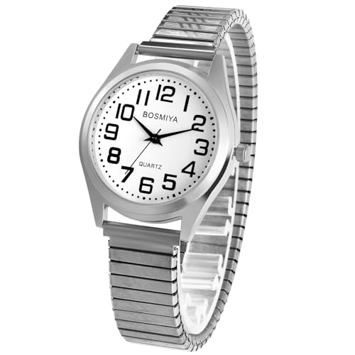 OIDEA Herren Uhren mit elastischem Armband: Silber elegant Armbanduhr mit Großem digital Zifferblatt Analog Quarz Edelstahl Klare Uhr Vintage Retro Geschenk für Männer von OIDEA