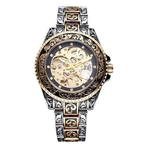 OIDEA Herren Vintage Automatische Armbanduhr: Antik Gold Edelstahl Armband mit Diamantindex Runder Zifferblatt Leuchtzeiger Herrenuhr Reliefstruktur Retro Mechanischer Uhrwerk Geschenk für Männer von OIDEA