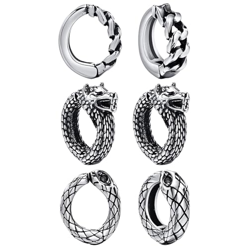 OIDEA Herren Vintage Ohrringe Set: 3 Paare Retro Ohrclip Edelstahl Wolf Schlange Ketten Muster Fake Plug Tunnel Non-piercing Clips Ohne Ohrloch Tolle Geschenkideen für Männer Freund Geburtstag von OIDEA