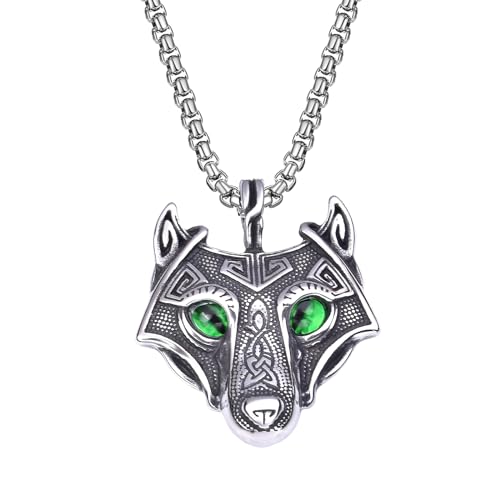 OIDEA Herren Wikinger Halskette Wolfskopf: Viking Stil mit Anhänger Grün Strasssteine Augen Kette Nordisch Amulett Halsschmuck mit Weizenkette für Männer Geschenk in Weihnachten von OIDEA