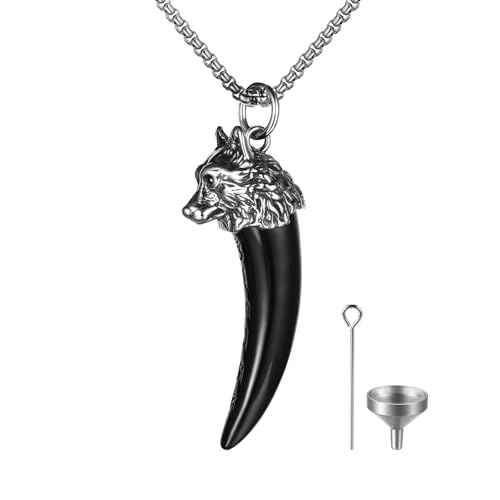 OIDEA Herren Wikinger Halskette mit Wolfskopf: Schwarz Wolfszahn Kettenanhänger mit Weizenkette aus Edelstahl Pulver Parfum befüllbar Vintage Wolf Viking Schmuck Geschenk für Männer Junge von OIDEA