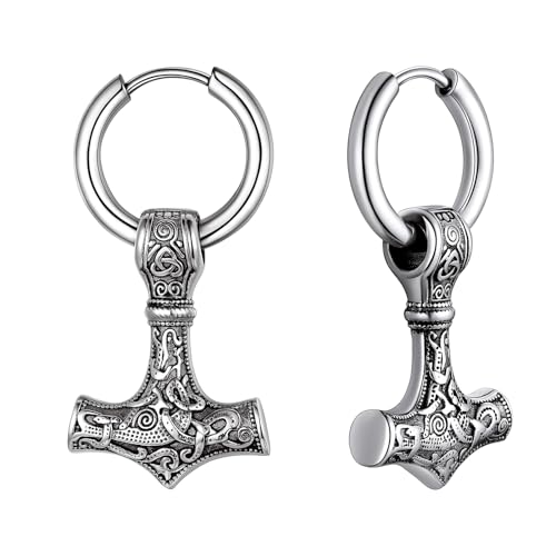 OIDEA Herren Wikinger Ohrringe Hammer: Silber Nordischer Thors Hammer Ohrhänger Creolen Ohrschmuck aus Edelstahl für Männer Damen als Geschenk in Weihnachten von OIDEA
