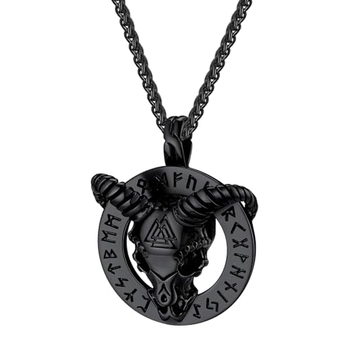 OIDEA Herren Wikinger Rune Ziegenkopf Halskette: Schwarz Baphomet Satan Goat Kopf Edelstahl Anhänger mit Kette Amulett Geschenk für Freunde Familie Männer von OIDEA