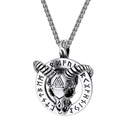 OIDEA Herren Wikinger Rune Ziegenkopf Halskette: Silber Baphomet Satan Goat Kopf Edelstahl Anhänger mit Kette Amulett Geschenk für Freunde Familie Männer von OIDEA