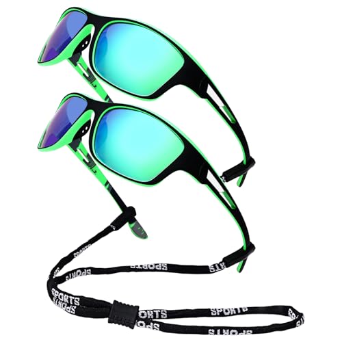 OIDEA Kinder Sonnenbrille Jugend UV400: 2er Set Grün Sonnenbrille mit Silikonnasenpads & Brillenbänder Sport Outdoors Radfahren für Jungen Mädchen von OIDEA