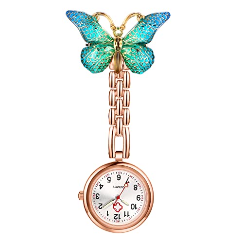 OIDEA Krankenschwester Uhr Schmetterling Taschenuhr: Türkis Krankenschwesteruhr Zeiger mit Leuchtend Analog Quarz mit digital Zifferblatt Pflegeuhr Ansteckuhr Geschenk für Damen Frauen von OIDEA