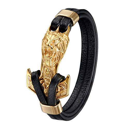 OIDEA Leder Armband Herren Thor Hammer Löwe Kopf Armreif für Herren Männer Jungen Unisex Gold Schwarz von OIDEA