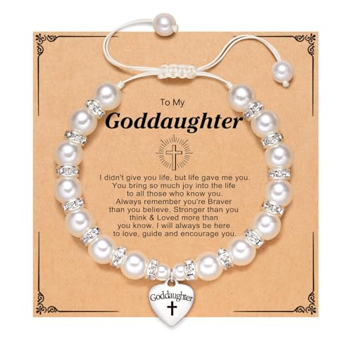OIDEA Mädchen Geflochtenes Armband mit Perlen: Verstellbare Taufgeschenk Perlenarmband mit Goddaughter Kreuz druckt Herz Anhänger religiöses Taufe Geburtstag Geschenk für Mädchen Weiß von OIDEA