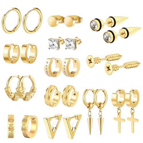 OIDEA Ohrringe Set Gold Edelstahl: 13 Paare Creolen Herren Schmuckset Kreuz Ohrhänger Punk Gothic Rund Ohrstecker mit Zirkonia Hoop Rock Schmuck Geschenk für Männer Damen Unisex von OIDEA