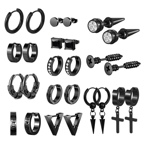 OIDEA Ohrringe Set Schwarz Edelstahl: 13 Paare Creolen Herren Schmuckset Kreuz Ohrhänger Punk Gothic Rund Ohrstecker mit Zirkonia Hoop Rock Schmuck Geschenk für Männer Damen Unisex von OIDEA