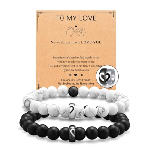 OIDEA Paar Armband Herz Perlenarmband: 2 Stück Türkis Schwarz Mattsteine Armkette Edelstahl-Herz Puzzel Anhänger Schmuck Geschenk für Herren Damen Valentinstag Geburtstag Jahrestag von OIDEA