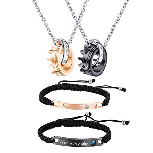 OIDEA Schmuck 4PCS, Freundschaftsarmband für 2 Anhänger mit Kette Her King His Queen Krone für Herren Damen Schwarz Rosegold von OIDEA