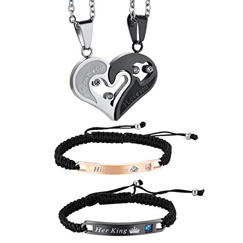 OIDEA Schmuck Halskette Armband Set, Schwarz Silber Herz Puzzle Anhänger mit I Love You, Her King & His Queen gestrickt Armbänder, Schwarz Rosegold von OIDEA