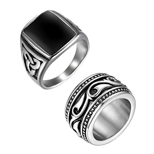 OIDEA Herren Ring Wikinger Siegelring: 2 Stück Ringe Set aus Edelstahl Herrenring Keltischer Knoten Bandring mit Achat Schwarz Stein Biker Rock Viking Schmuck Geschenk für Männer Größe 60 von OIDEA