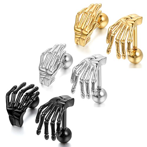 OIDEA Skull Ohrringe Ohrstecker Set: 3 Paare Herren Damen Unisex Totenkopf Schädel Hand aus Edelstahl Ohrschmuck Geschenk Schwarz Gold Silber von OIDEA