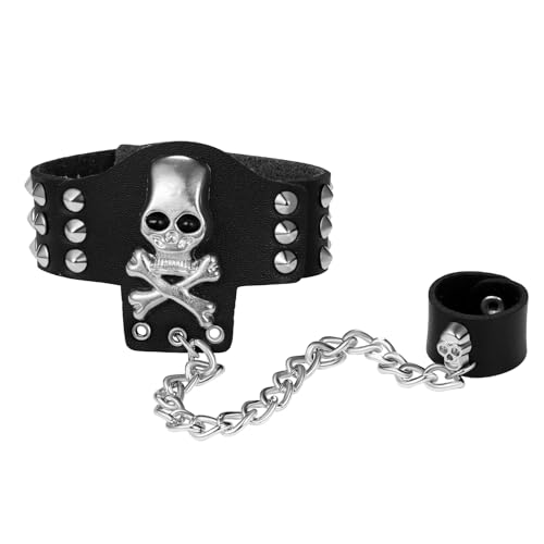 OIDEA Totenkopf Armband Leder mit Ring: Schwarz Lederarmband breit Manschette Halloween Handgelenk Hip Pop Punk Vintage Gothic Party Schmuck für Herren Damen Kostüm Cosplay von OIDEA