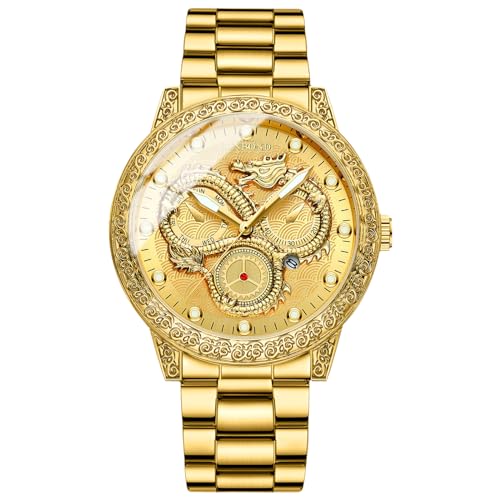 OIDEA Uhren Herren Armbanduhr Drachen: Gold Herrenuhr Analog Quarz 3 Zeitzone Uhr mit Beleuchtenden Zeiger Kalender Edelstahl Armband Geschenk für Männer Freund von OIDEA
