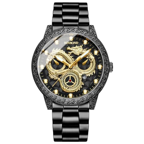 OIDEA Uhren Herren Armbanduhr Drachen: Herrenuhr Analog Quarz 3 Zeitzone Uhr mit Beleuchtenden Zeiger Kalender Edelstahl Armband Geschenk für Männer Freund Schwarz von OIDEA
