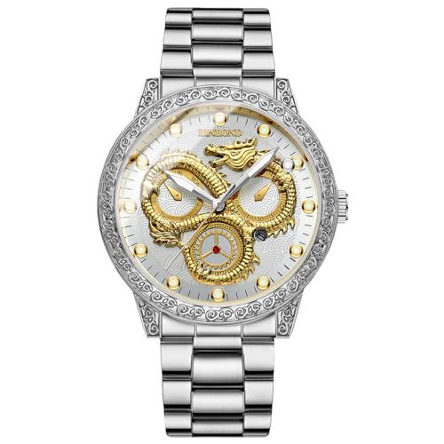 OIDEA Uhren Herren Armbanduhr Drachen: Silber Herrenuhr Analog Quarz 3 Zeitzone Uhr mit Beleuchtenden Zeiger Kalender Edelstahl Armband Geschenk für Männer Freund von OIDEA