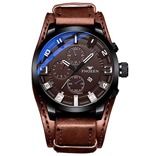 OIDEA Uhren Herren Leder Armbanduhr: Kaffeebraun Punk Analog Quarz Uhr mit Echtleder Armband Kalender Wasserdicht mit arabischen Zahlen Zifferblatt Geschenk für Männer Junge von OIDEA