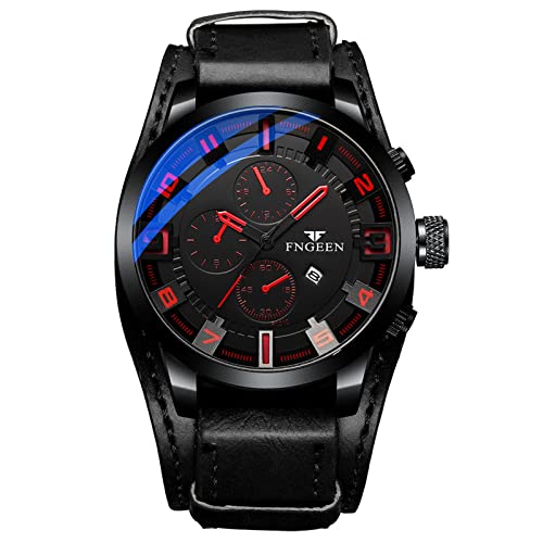 OIDEA Uhren Herren Leder Armbanduhr: Schwarz Punk Analog Quarz Uhr mit Echtleder Armband Kalender Wasserdicht mit arabischen Zahlen Zifferblatt Geschenk für Männer Junge von OIDEA
