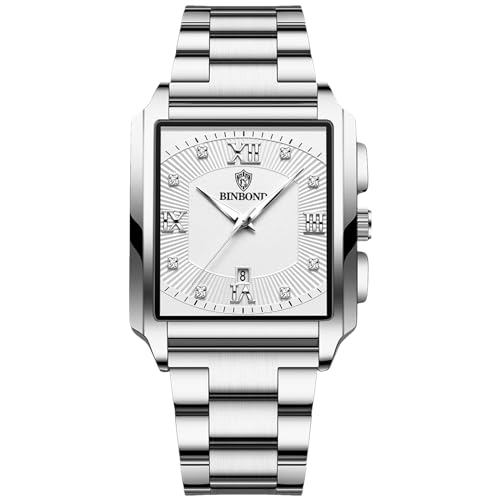 OIDEA Uhren Herren Quadratisch Armbanduhr: Silber Herrenuhr Analog Quarz Uhr Kalender Strass mit Beleuchtenden Zeiger Geschäfts Beiläufige Wasserdicht 30m Metallarmband Geschenk für Männer von OIDEA