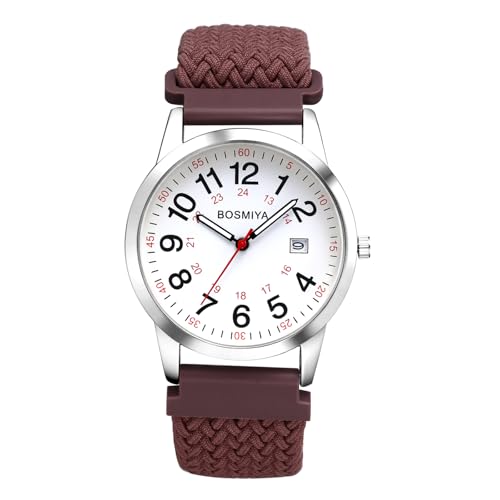 OIDEA Unisex Armbanduhr Geflochten Elastisch: Braun Quarz Analog mit Arabischen Zifferblatt 24 Stunden mit Datum Weich Nylon Geflochtenes Band Elegant Geschenk für Herren Damen von OIDEA