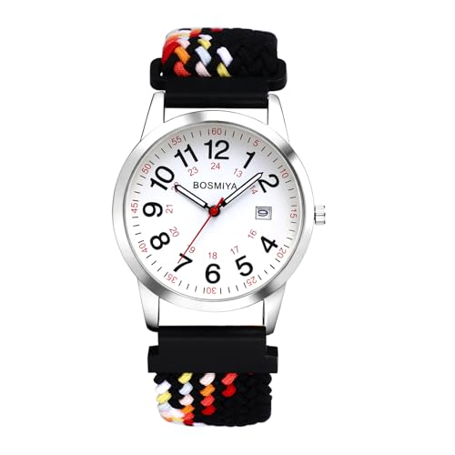 OIDEA Unisex Armbanduhr Geflochten Elastisch: Schwarz Bunt Quarz Analog mit Arabischen Zifferblatt 24 Stunden mit Datum Weich Nylon Geflochtenes Band Elegant Geschenk für Herren Damen von OIDEA