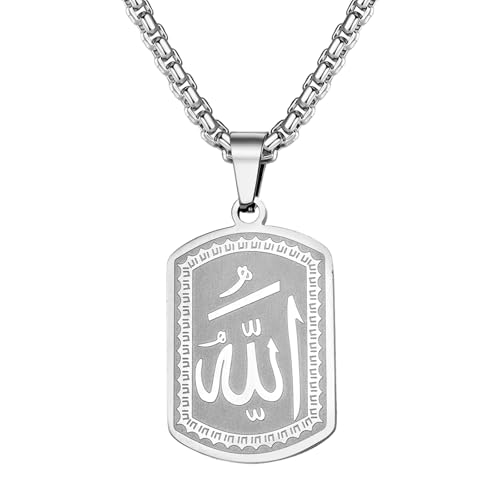 OIDEA Unisex Halskette mit Dogtag Muslimisch: 18K vergoldeter Islamische Allah Kette mit Arabischem Schriftzug Anhänger aus Edelstahl Muslimischer Schmuck für Eid & Ramadan in Silber von OIDEA
