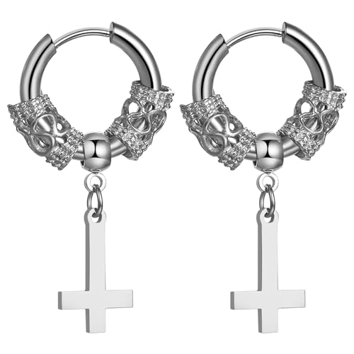 OIDEA Unisex Kreuz Petruskreuz Ohrringe: 1 Paar Silber Creolen mit Umgedrehtes Kreuz Ohrhänger aus Edelstahl Punk Rock Stil Herren Damen Religöser Schmuck Geschenk für Männer Frauen Junge Mädchen von OIDEA