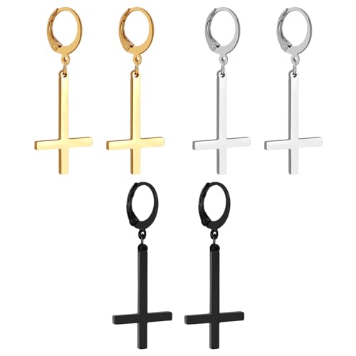 OIDEA Unisex Kreuz Petruskreuz Ohrringe: 3 Paare Gold Schwarz Silber Creolen mit Umgedrehtes Kreuz Ohrhänger aus Edelstahl Herren Damen Religöser Schmuck Geschenk für Männer Frauen Junge Mädchen von OIDEA