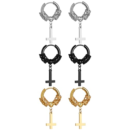 OIDEA Unisex Kreuz Petruskreuz Ohrringe: 3 Paare Silber Schwarz Gold Creolen mit Umgedrehtes Kreuz Ohrhänger aus Edelstahl Herren Damen Religöser Schmuck Geschenk für Männer Frauen Junge Mädchen von OIDEA