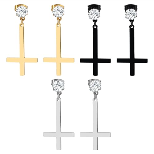 OIDEA Unisex Kreuz Petruskreuz Ohrringe: 3 Paare Silber Schwarz Gold Ohrstecker mit Zirkonia Umgedrehtes Kreuz Ohrhänger Edelstahl Herren Damen Religöser Schmuck Geschenk für Männer Frauen Junge von OIDEA