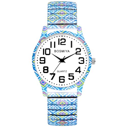 OIDEA Unisex Uhren elastisch Böhmisch: Blau Muster Armbanduhr Analog Quarz mit Großem digital Zifferblatt Klare Uhr Geschenk für Herren Damen von OIDEA