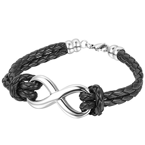 OIDEA Vatertagsgeschenk Herren Damen Infinity Armband, Vintage Dual Geflochten Lederband Unendlichkeit Zeichen Symbol Lieben Charm Manschette Kordelkette Wlickelarmband, silber schwarz von OIDEA