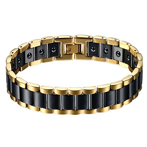 OIDEA Vatertagsgeschenk Herren Edelstahl Keramik Armband, 13MM Groß Breit Magnettherapie Magnet Gesundheit Armreif Link Handgelenk, Schwarz Gold von OIDEA