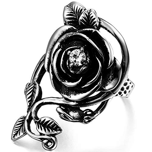 OIDEA Vintage Edelstahl Ringe, Rose Blume Rebe Ehering Damen Frauen Verlobungsring, schwarz Silber - Ringgrößen 59 (18.8) von OIDEA