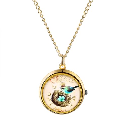 OIDEA Vintage Gold Taschenuhr mit Kette: Retro Taschenuhr Analog Quarz mit Vögel Zifferblatt Geschenk für Männer Frauen von OIDEA