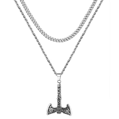 OIDEA Wikinger Halskette Herren Axt: Silber Layered Kette mit Axt Anhänger Kubanische Kette & Kordelkette aus Edelstahl viking Schmuck Geschenk für Männer Jungen Vater Sohn Freund von OIDEA