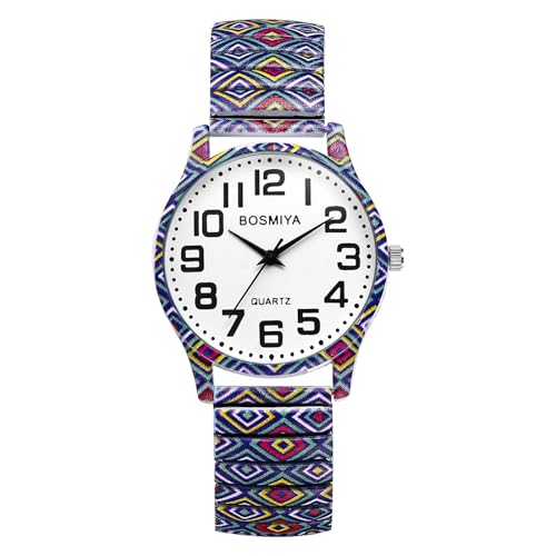 Oidea Armbanduhren für Damen: Bohemia Flower Easy Reader Elastisches Band Armbanduhr Großes Zifferblatt Große Ziffern Analog Quarz Armband Uhr Casual Damen Armbanduhr, Bohemia Flower C, Armband von OIDEA