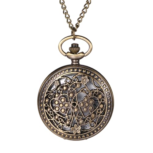 Oidea Bronzefarbene Taschenuhr: Antikes Herz Blumenmuster Medaillon Taschenuhr mit Kette Arabische Ziffern Skelett Zifferblatt Analog Quarz Pullover Uhr Halskette Geburtstag Weihnachten Geschenke für von OIDEA